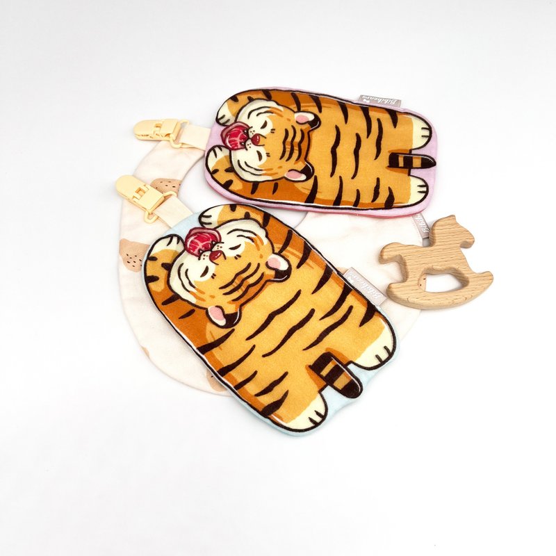 [Little Bear Bibi] Cute Tiger Ten-fold yarn handkerchief clip saliva towel gift set - ผ้ากันเปื้อน - ผ้าฝ้าย/ผ้าลินิน สีนำ้ตาล