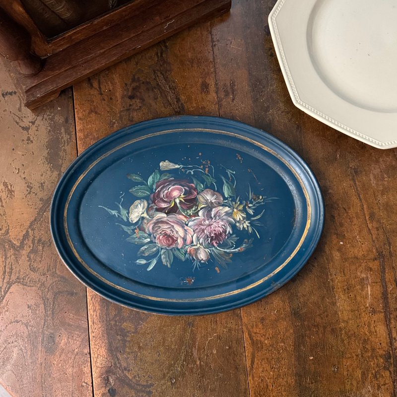 50666- 絕美法國拿破崙三世時期手工彩繪漆面金屬托盤Tole tray - 托盤/砧板 - 其他金屬 