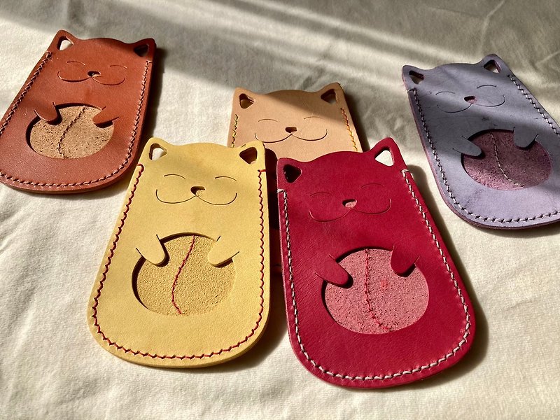 Cat leather hand-stitched ID holder - a must-have for cat lover - ID & Badge Holders - Genuine Leather Khaki