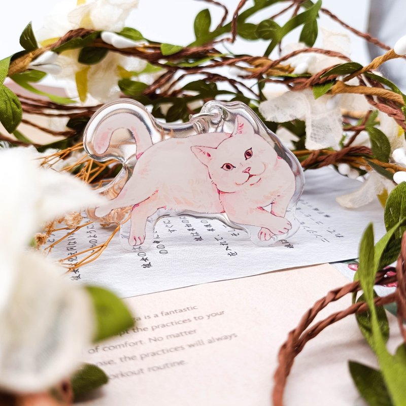 KR408懶散白貓 Lazy White Cat 怠惰な白猫/晶透吊飾 - 鑰匙圈/鑰匙包 - 塑膠 多色