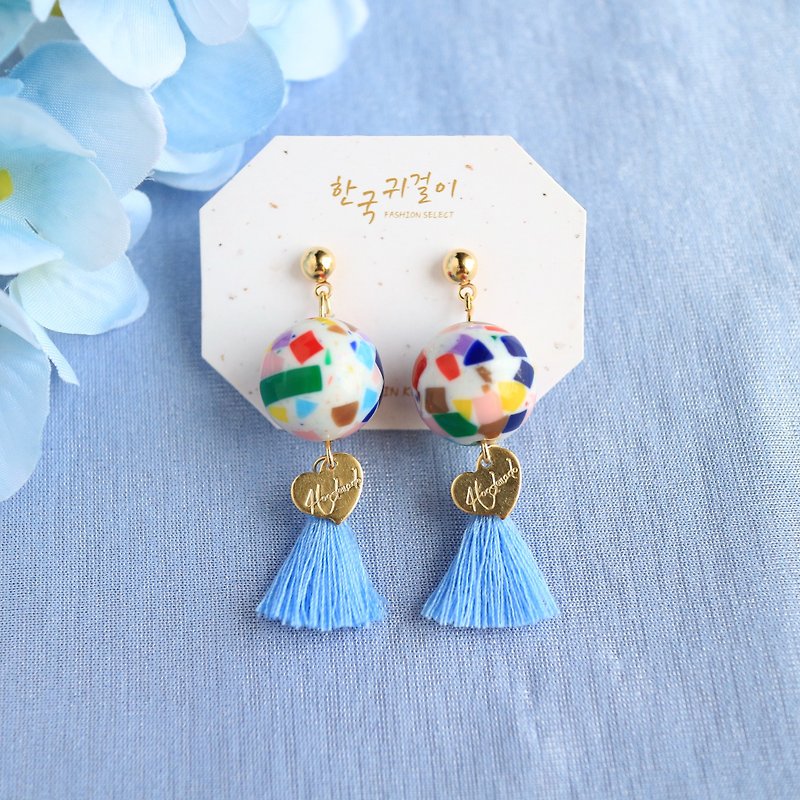 Colorful ceramic ball 18gf love tag cute beads blue tassel drop earrings gift - Earrings & Clip-ons - Thread Blue