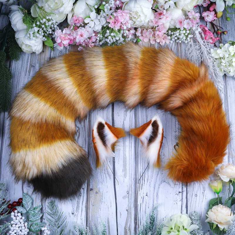Red Panda Ears and Tail Set Faux Fur Cat Ears Headband - 髮夾/髮圈 - 其他人造纖維 橘色