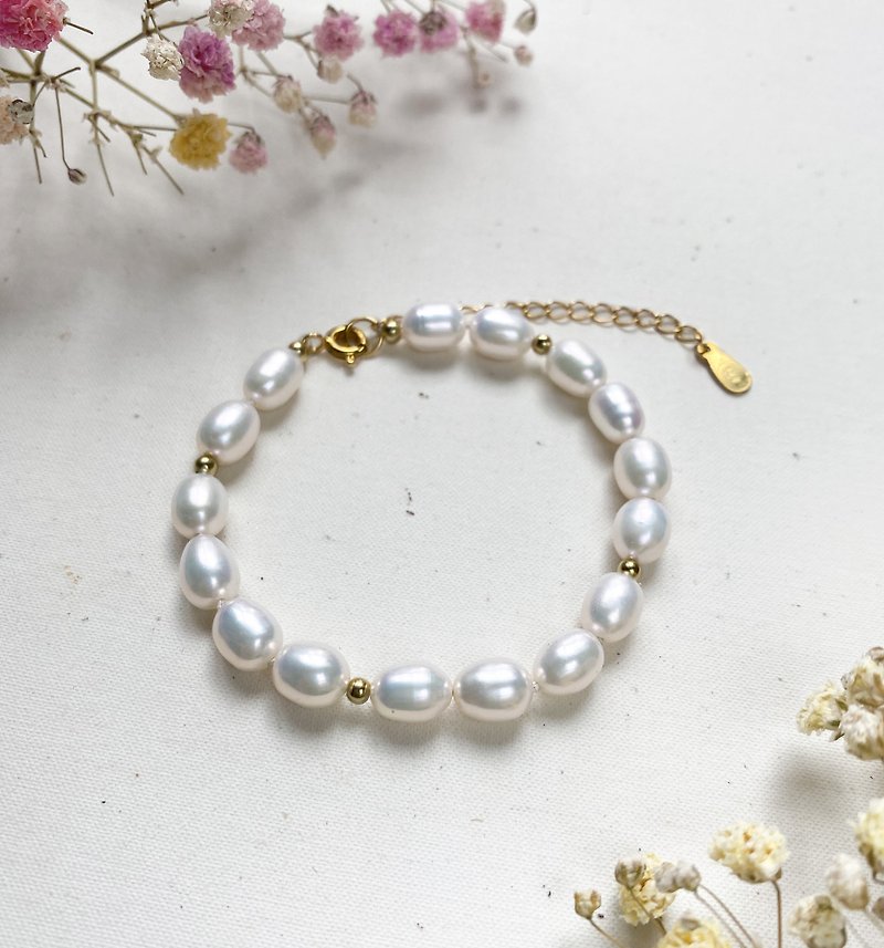 天然淡水珍珠手鍊 手串 白色米珠 不規規珍珠 925純銀手鏈款 - 手鍊/手鐲 - 珍珠 白色