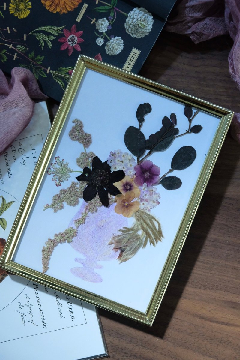 押花相框/ 壓花 植物圖鑑 花框 古典盆花 花瓶 古董相框 裝飾 - 相框/畫框 - 植物．花 多色