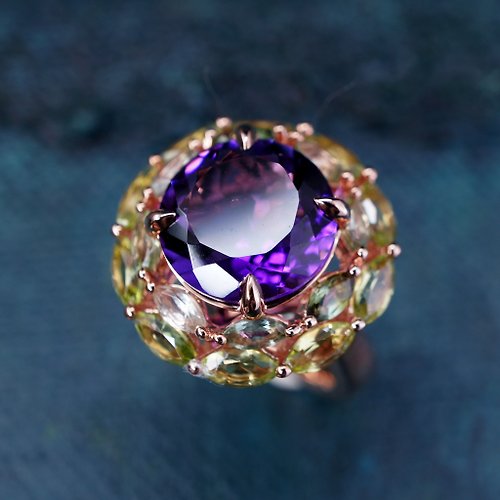 Edith Art & Jewellery 花園 - 紫水晶 配 碧茜 橄欖石 純銀 電18K 玫瑰金 戒指