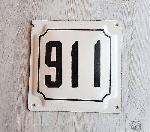 RetroRussia House number plate 911 - vintage street enamel metal address sign white black