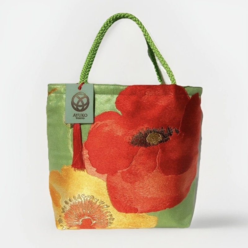 獨一無二真絲和服袋帶托特包, 日本手工刺繡升級改造包, 和風藝術 - 手提包/手提袋 - 絲．絹 綠色