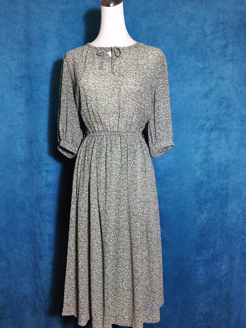 Ping-pong vintage [vintage dress / vintage green floral chiffon long dress] - ชุดเดรส - เส้นใยสังเคราะห์ สีเขียว