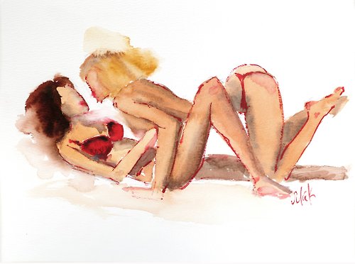 Nataly Mak Lesbian Painting Lgbt Original Artwork Romantic Wall Art Girl Sex Watercolor