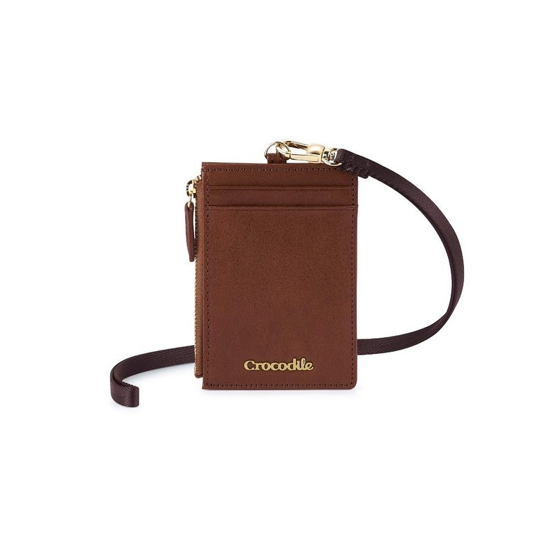 [Recommended best-selling products for gift giving] Straight identification card/zipper coin purse vegetable tanned leather exchange gift - ที่ใส่บัตรคล้องคอ - หนังแท้ สีนำ้ตาล