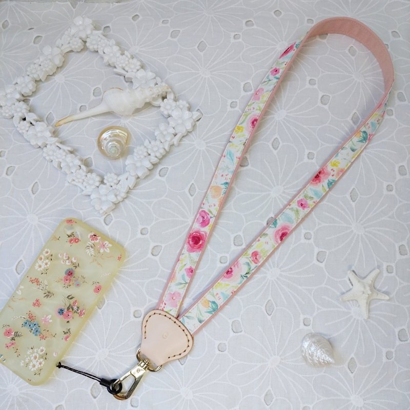 Pink Y-shaped decompression two-color fabric leather mobile phone neck lanyard - Lanyards & Straps - Cotton & Hemp Pink