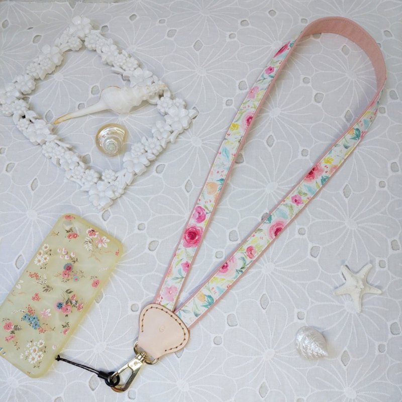 Pink Y-shaped decompression two-color fabric leather mobile phone neck lanyard - เชือก/สายคล้อง - ผ้าฝ้าย/ผ้าลินิน สึชมพู