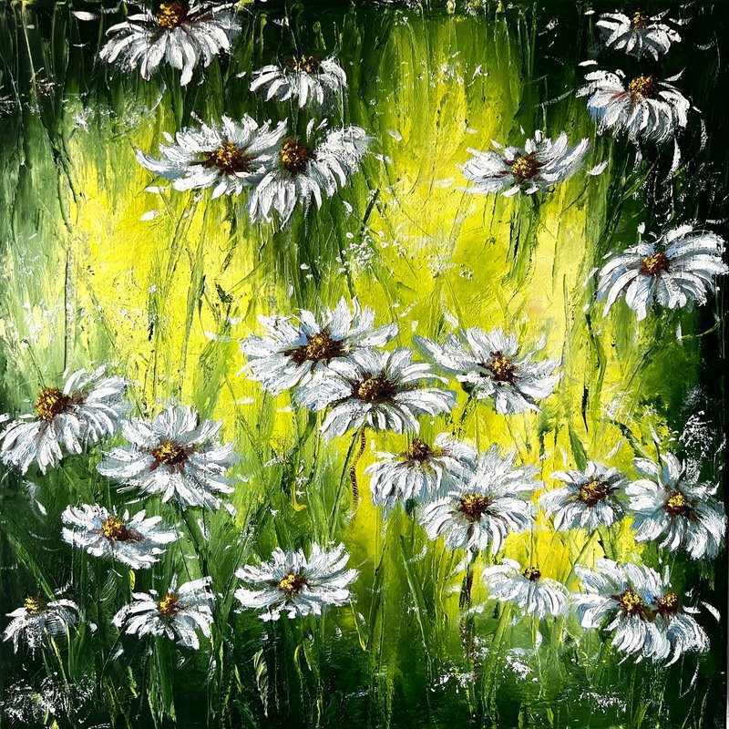 Daisies Painting Floral Original Artwork 30x30 cm/12x12 inch by AnaskoArt - 海報/掛畫/掛布 - 棉．麻 多色
