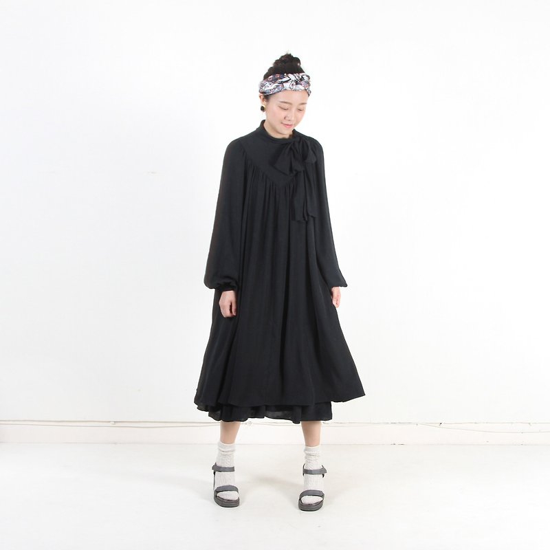 [Egg Plant Vintage] Hui Night Dream Pure Black Umbrella Vintage Dress - One Piece Dresses - Polyester Black