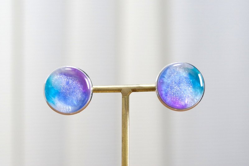 Resin Art Round Earrings - Morning Glory - ต่างหู - เรซิน สีน้ำเงิน