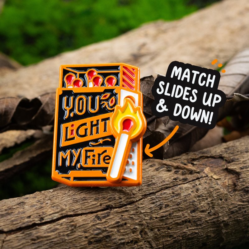 You Light my Fire Sliding Enamel Pin — Moving Matchbox Pin | Fiery Typography - 胸針 - 其他金屬 橘色