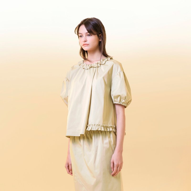 Ruffle Collar Puff Sleeve Top - เสื้อผู้หญิง - ผ้าฝ้าย/ผ้าลินิน สีกากี