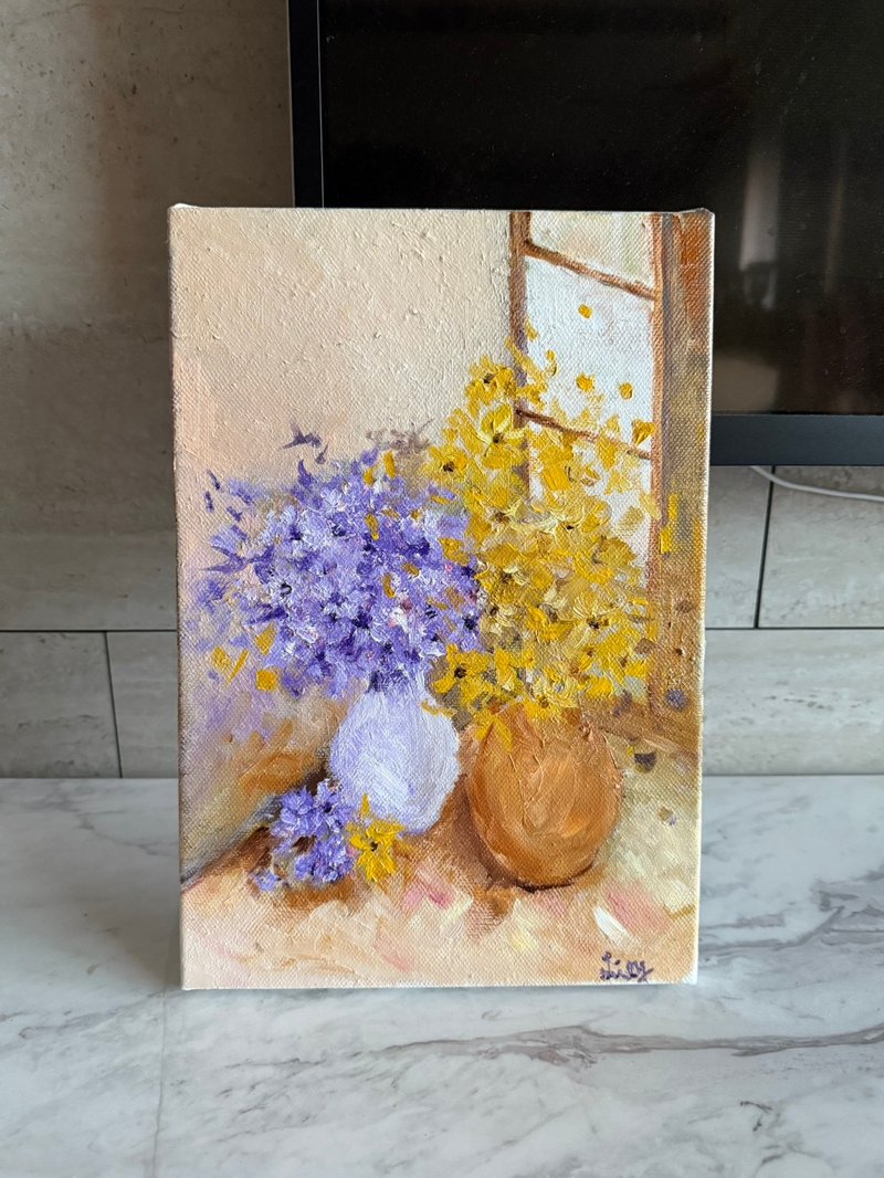 窗邊微光 - 紫黃花卉油畫 手繪原作 小品畫 - 海報/掛畫/掛布 - 棉．麻 
