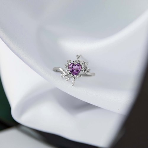A Jewelry 紫水晶 浪漫愛心 2月生日石 夏天 純銀 項鍊 戒指