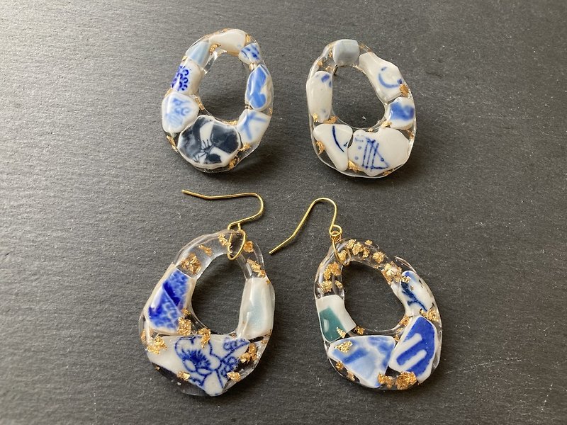 Sea pottery large irregularly distorted hoop earrings Hook earrings can be replaced with allergy-friendly metal fittings or Clip-On - ต่างหู - ดินเผา หลากหลายสี