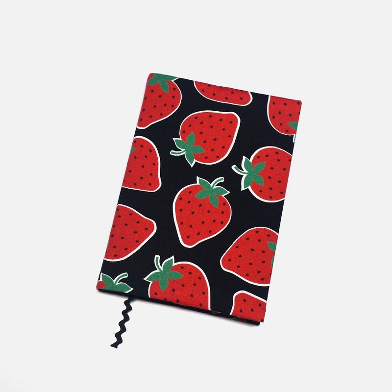 Strawberry book cover with bookmark handmade Print Cotton Fabric canvas - Book Covers - Cotton & Hemp Black