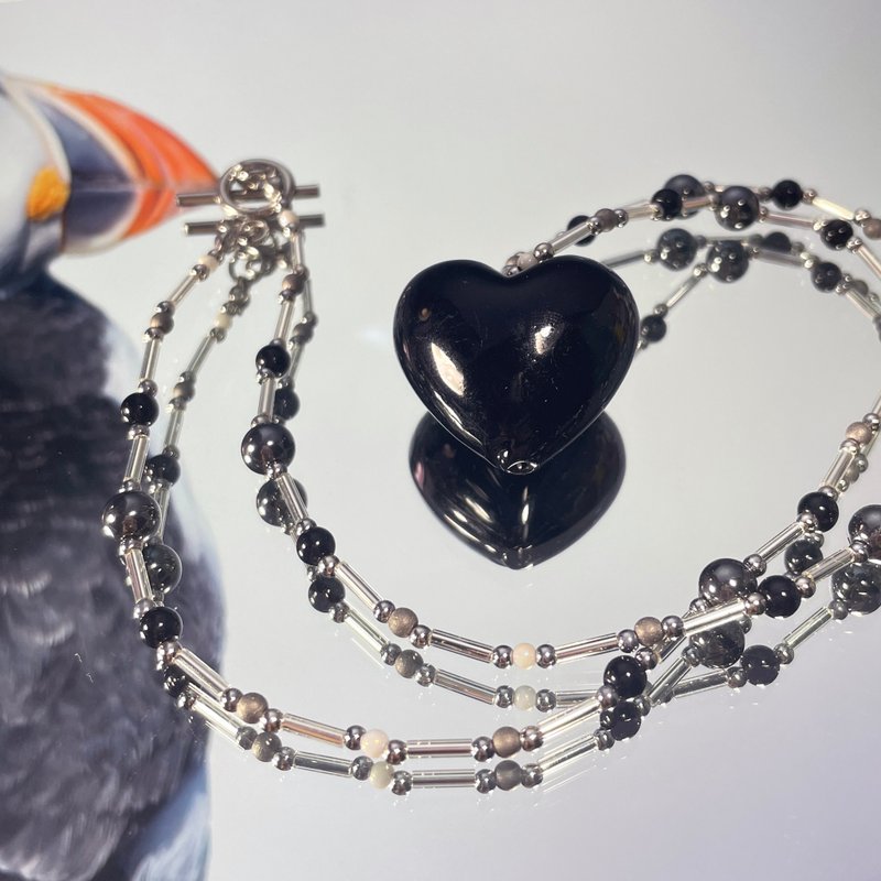 Sea Collection - 'Puffin' Glass Craft Heart Necklace - สร้อยคอ - เงิน สีดำ