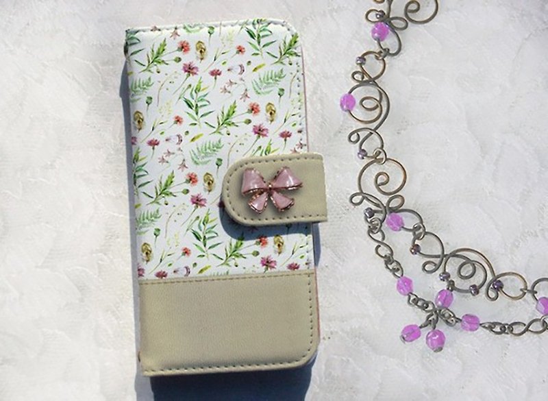 [Compatible with all models] Free shipping [Notebook type] Natural herb with pink ribbon - เคส/ซองมือถือ - หนังแท้ สีแดง