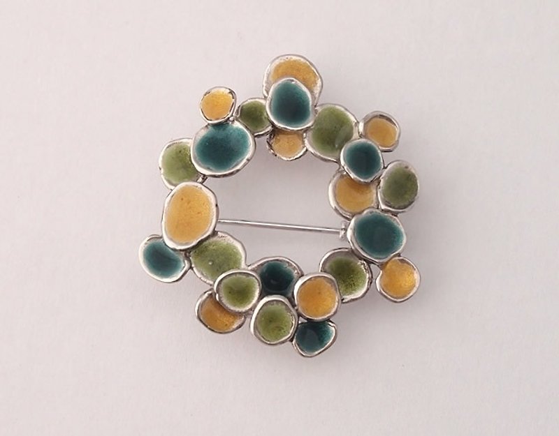 Cloisonne brooch Silver 925 green - yellow green - yellow enamel glass rin - Brooches - Glass Yellow