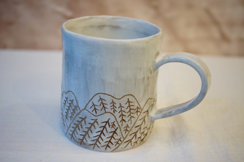 粉引手作馬克杯  山林 410 ml 咖啡杯 水杯 陶杯 - 杯子 - 陶 藍色