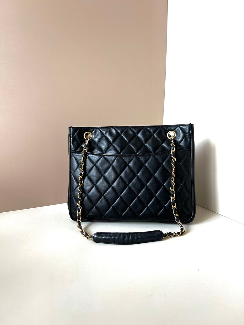 【LA LUNE】Second-hand Chanel black leather chain shoulder tote bag side shoulder bag - Messenger Bags & Sling Bags - Genuine Leather Black