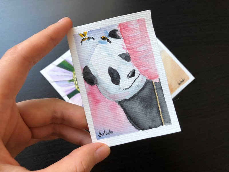 Sweet Panda Painting Animal Original Art ACEO Watercolor Artwork Bear Wall Art - 海報/掛畫/掛布 - 紙 粉紅色
