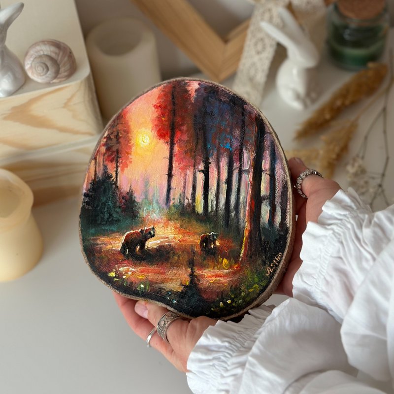 Forest landscape painting on wood, Wood slice art, Forest painting, Wooden decor - 壁貼/牆壁裝飾 - 木頭 咖啡色