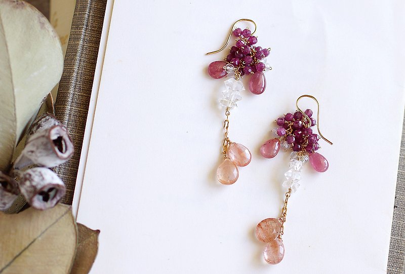 14kgf - Red Stone and Herkimer Diamond Earrings - Earrings & Clip-ons - Semi-Precious Stones Pink