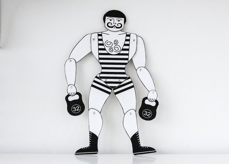 Vintage Parisian Marionette //Circus Strong Man Movable Art Doll //Free shipping - 壁貼/牆壁裝飾 - 木頭 白色