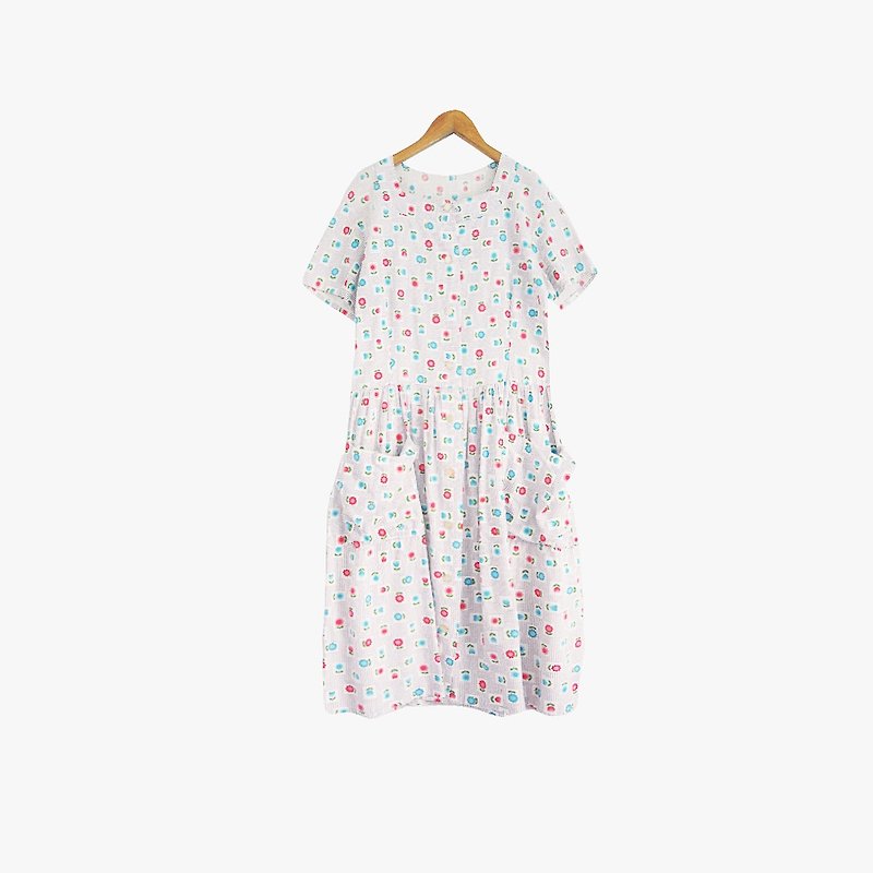 Dislocated vintage / short-sleeved flower pocket dress no.831 vintage - One Piece Dresses - Cotton & Hemp White