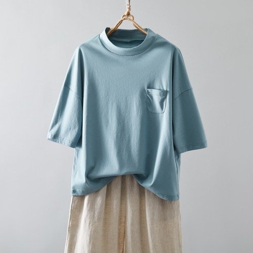 fall-in1211 気付けば手に取る コットンカットソー ボトルネック7分袖Tシャツ カットソー 灰みのある淡い青色 220601-6