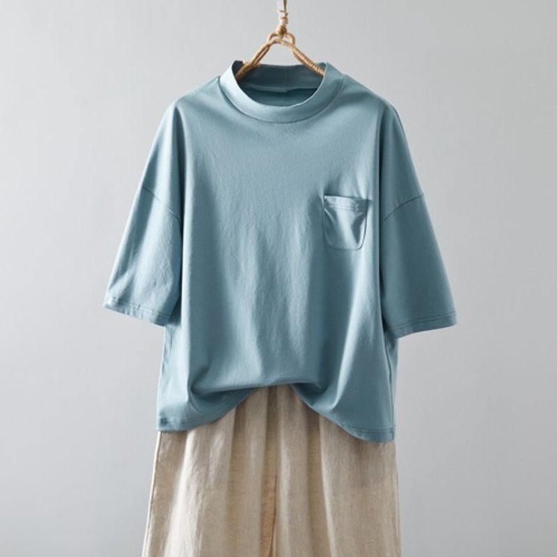 気付けば手に取る　コットンカットソー  ボトルネック7分袖Tシャツ　カットソー 灰みのある淡い青色 220601-6 - 女上衣/長袖上衣 - 棉．麻 