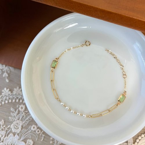 KAREN JEWELRY 14K包金 酪梨綠鋯石珍珠手鍊 項鍊 鎖骨鏈 手鏈 14KGF