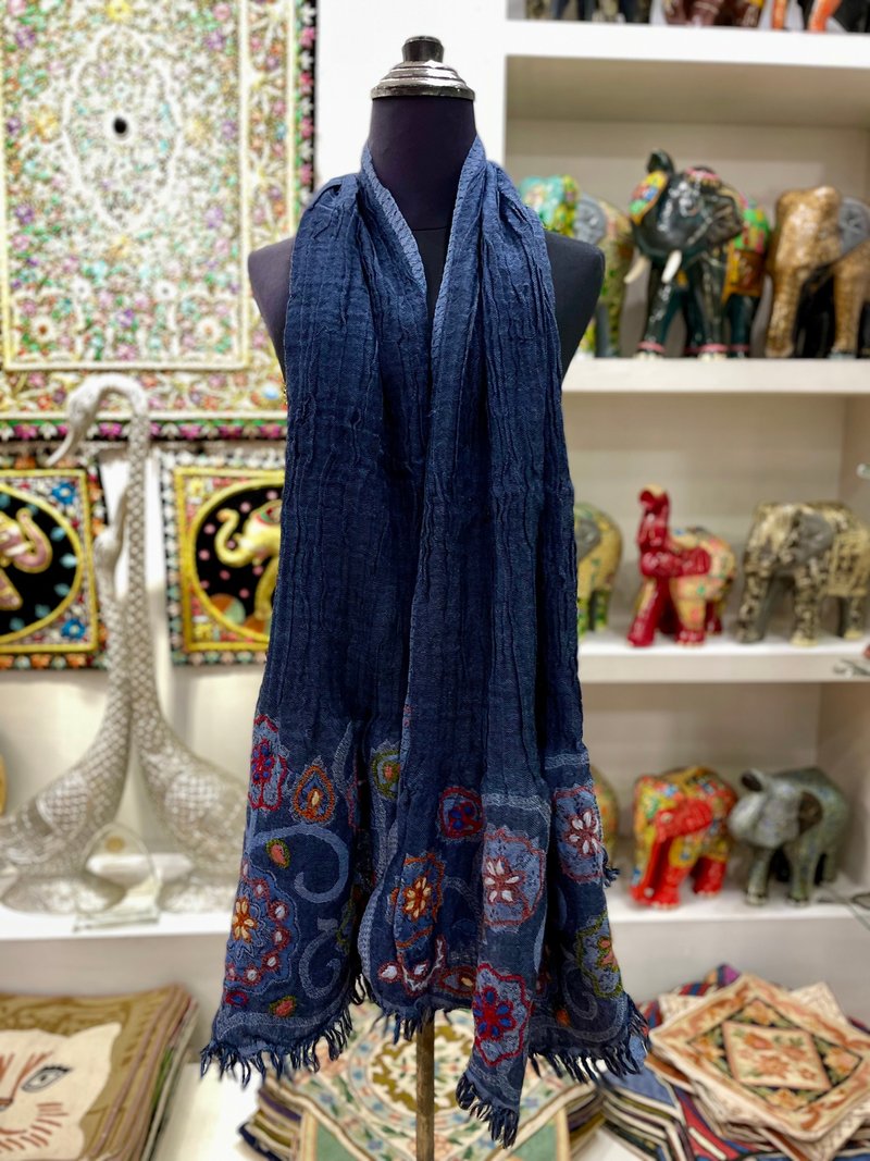 Cashmere thick weave boiled wool ruffle style hand embroidered scarf shawl - starry sky blue - Knit Scarves & Wraps - Wool Blue