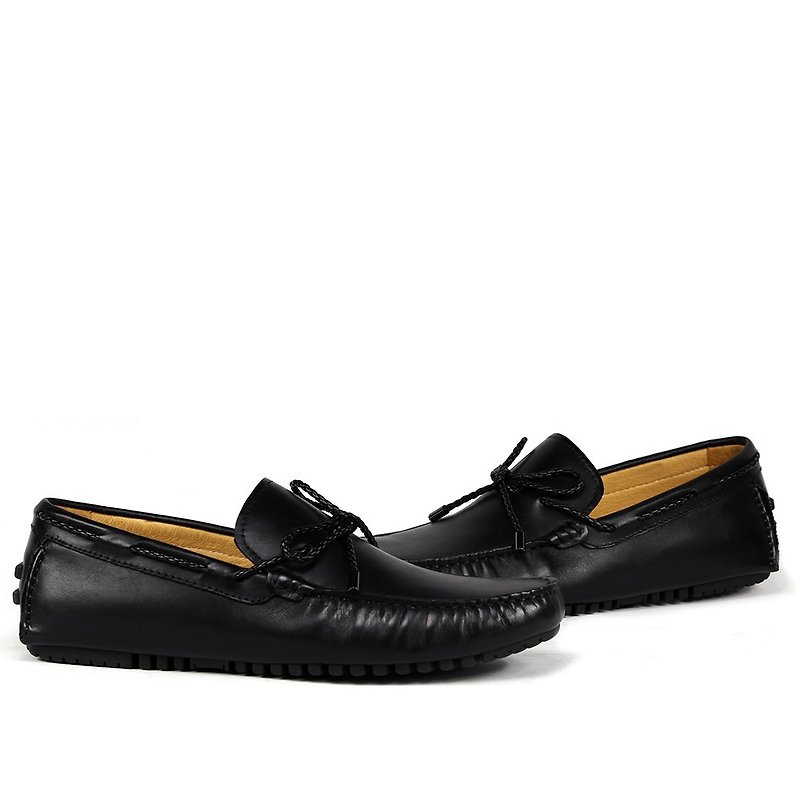 sixlips metropolis yuppie braided belt driving shoes black - รองเท้าลำลองผู้ชาย - หนังแท้ สีดำ