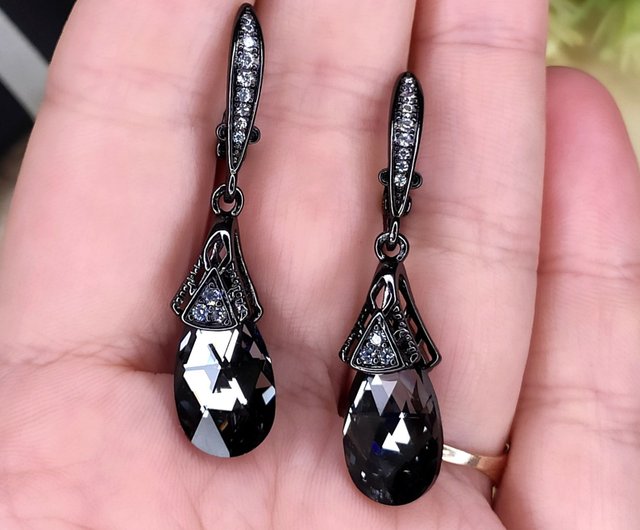 Big Black, round Swarovski hotsell Crystal rock drop Earrings, sparkly crystal earrings