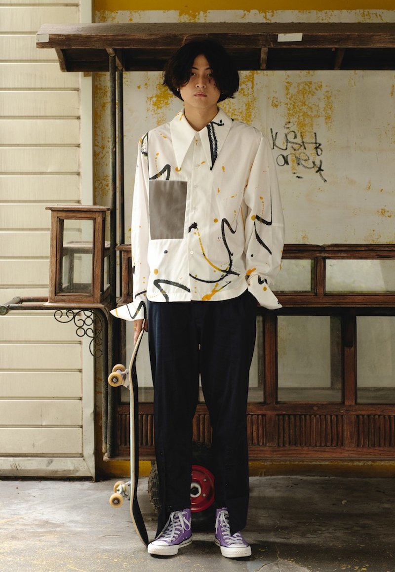 尖領襯衫-印花 / Point collar shirt - Print - 男襯衫/休閒襯衫 - 聚酯纖維 白色