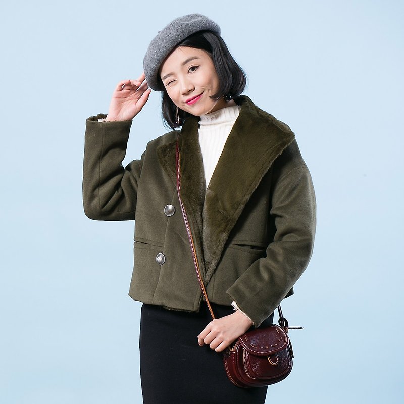 Annie Chen Dong thick woolen coat female Korean loose big yards short woolen coat child - เสื้อแจ็คเก็ต - ผ้าฝ้าย/ผ้าลินิน สีเขียว