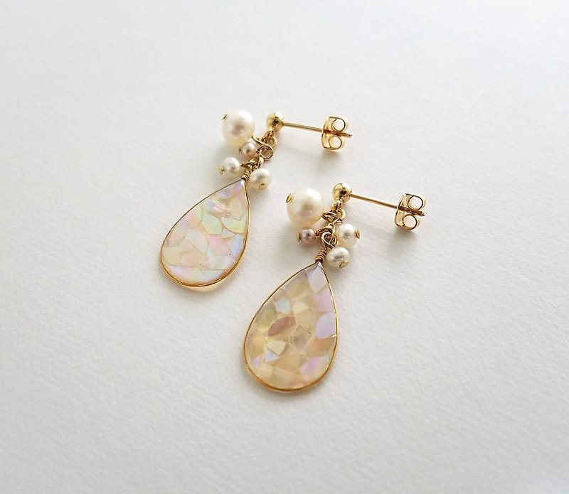 mosaic drop & freshwater pearl pierced or clip-on earrings (peach) - Earrings & Clip-ons - Resin Pink