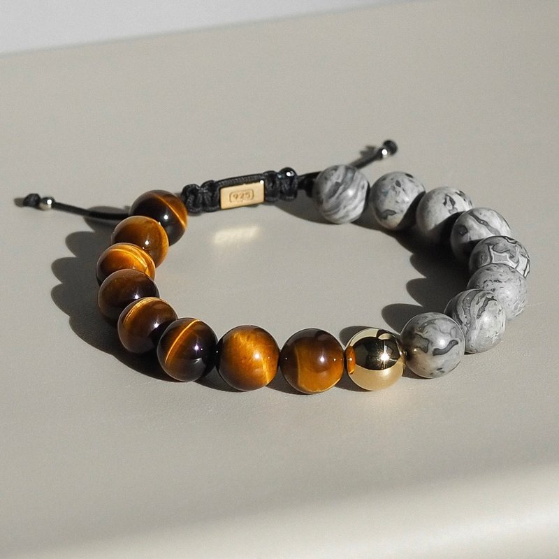 COLUMN / Yellow Tiger Eye / Silver Lace Agate / 10mm - 手鍊/手鐲 - 寶石 黑色