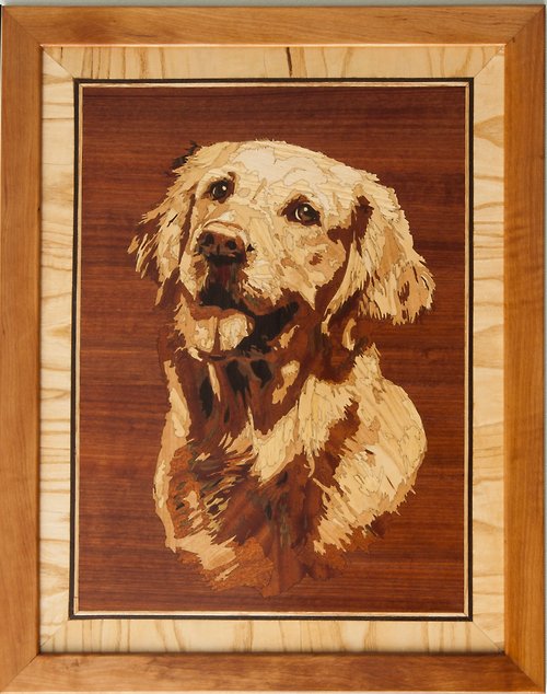 Woodins Golden Retriever Dog portrait inlay framed mosaic wood panel ready to hang home