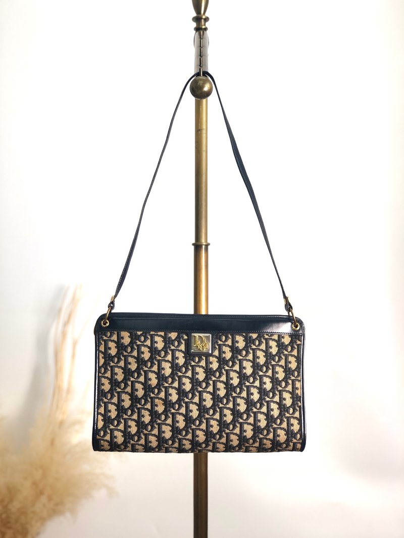 【 日本直送　名牌中古包 】Christian Dior クリスチャン ディオール トロッター ショルダーバッグ ネイビー ロゴ ジャガード s463xx - 側背包/斜背包 - 棉．麻 藍色