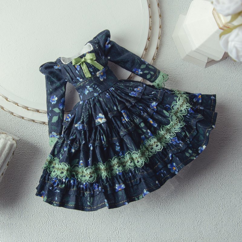 Blythe Dress Set Handmade Blue Floral Cotton doll 12 inch BJD - 公仔/玩偶 - 棉．麻 藍色