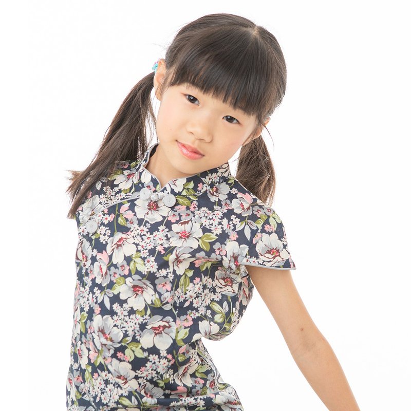 Children's cheongsam ancient style four seasons bluegrass flower - กี่เพ้า - ผ้าฝ้าย/ผ้าลินิน สีน้ำเงิน