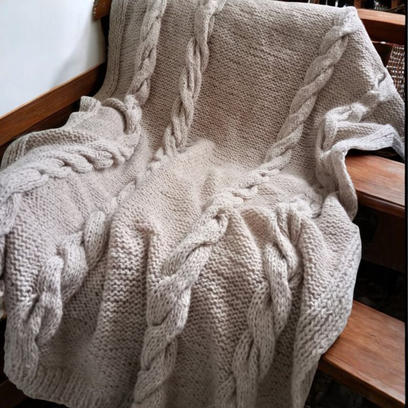 Beige Knitted Plaid Blanket - 100% Sheep Wool - Handmade - Warm Cozy Gift - 棉被/毛毯 - 羊毛 咖啡色